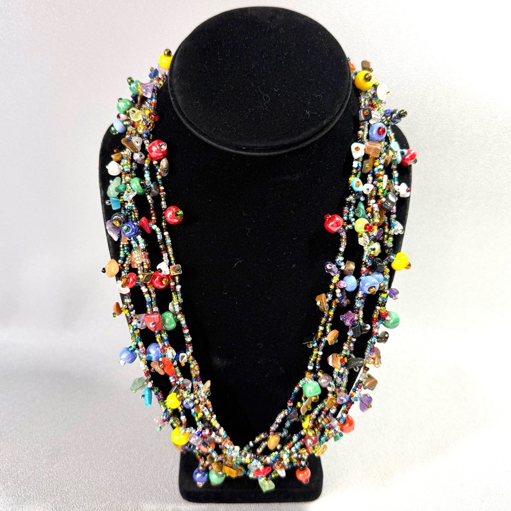 Colorful Multi-Strand Mixed Glass Bead Necklace with Magnetic Clasp